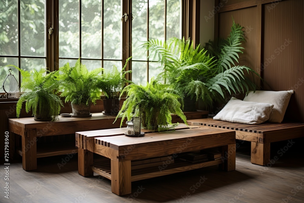 Rustic Minimalist Home: Wooden Furniture with Lush Fern and Orchid Coffee Table Displays