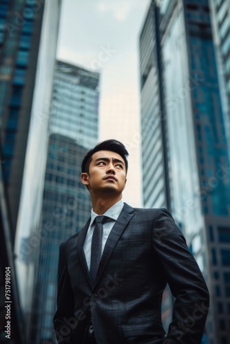 a rich Chinese young man in a suit   view from below  business 