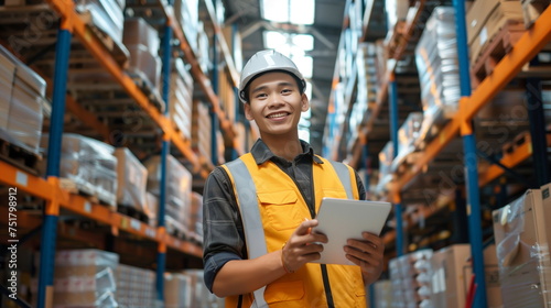 Happy asian male factory manager using digital tablet in warehouse while standing against goods shelf looking at camera