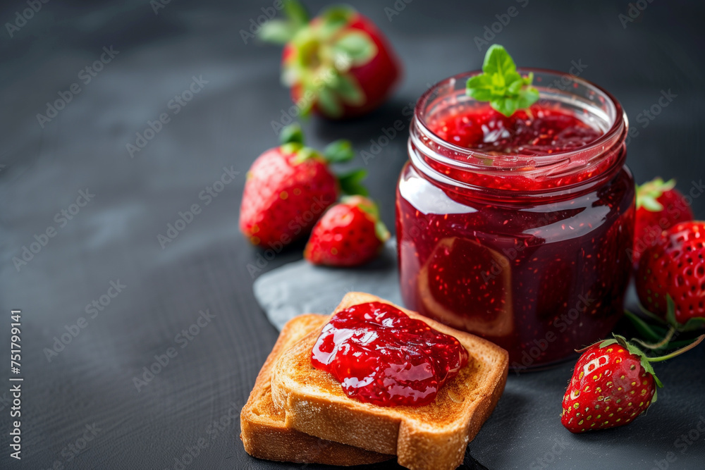 Strawberry jam with fresh berries and toast on a dark backdrop Strawberry jam with fresh berries and toast on a dark backdrop