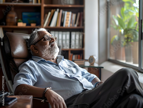 Portrait of a mature experienced senior indian business man taking a break in her chair in his home office