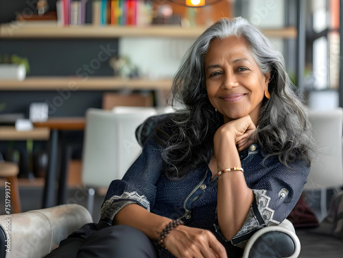 Portrait of a beautiful mature experienced senior indian business woman taking a break in her chair in her living room