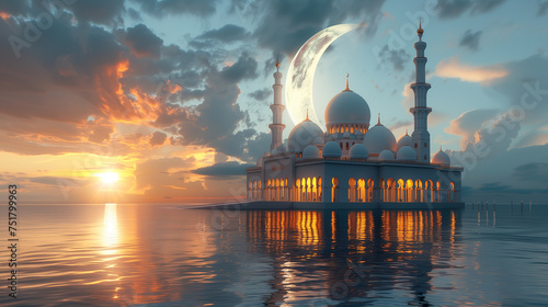 Mosque in a beach with sunset and a big moon behind the mosque