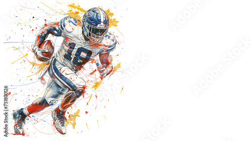 Running American football player isolated on white background, holding a football in his right hand. Pencil and splatter colour illustration, copy space, number 18, horizontal banner 16:9