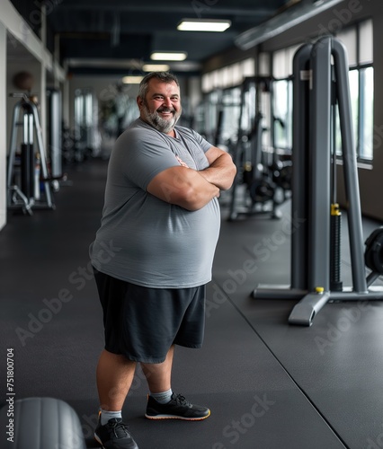 Middle-aged man with arms crossed, exuding confidence in gym setting.