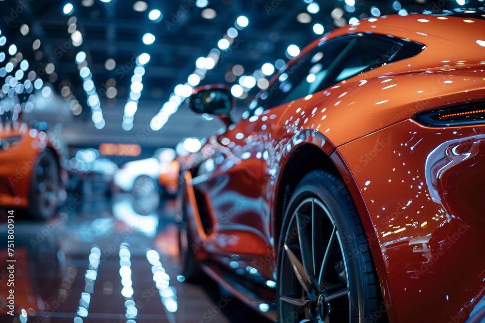 Two vibrant orange sports cars sitting neatly parked in a well-lit luxury showroom. Two vibrant orange sports cars sitting neatly parked in a well-lit luxury showroom.