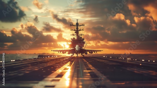 A large aircraft is parked on the runway of a military aircraft carrier while crew members perform final checks. photo
