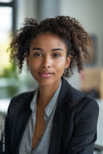An attractive, empowered multiethnic woman wearing a business suit, sitting at a table.