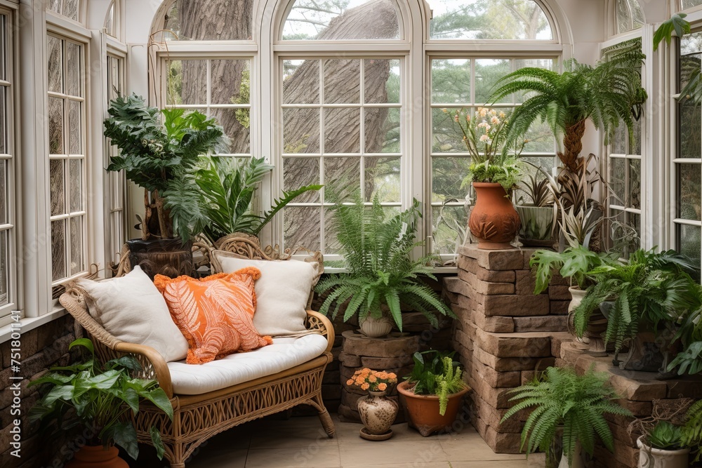 Rustic Sunroom Oasis: Coral and Seashell Accents, Stone Fountains, and Lush Fern Displays