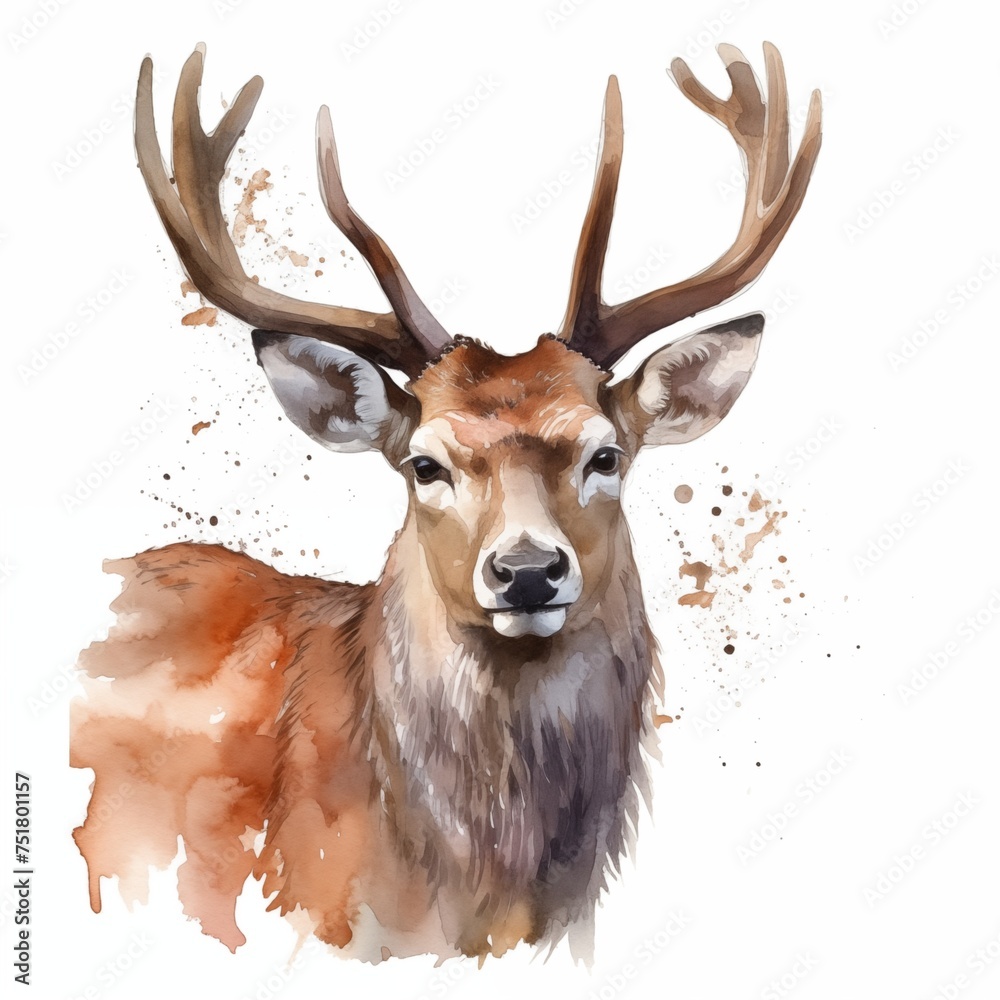 Watercolor Horny Deer, True Deer, Red Deer, Fallow Deer portrait. Wild forest animal of Europe, America and Scandinavia with big horns.