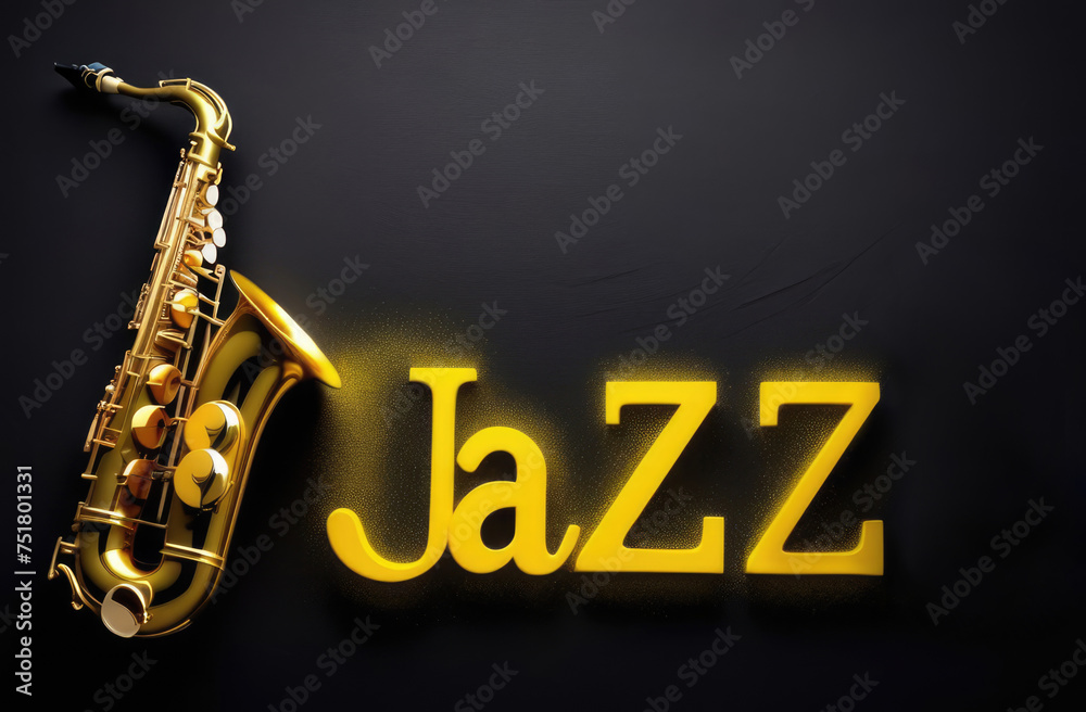 Naklejka premium Saxophone on a black background with the word jazz. Music concept.