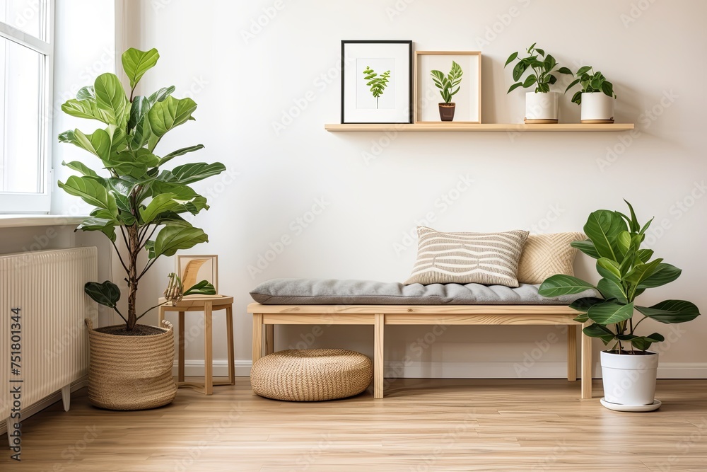 Scandinavian Apartment: Vinyl Seat Furnishings & Plant Decor with Wooden Bench