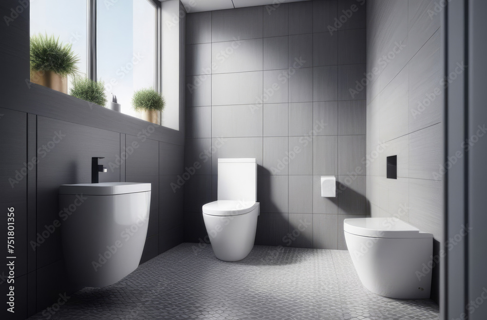 Interior of modern bathroom with gray and white walls, tiled floor, white toilet. Interior of modern bathroom with gray and white walls, tiled floor, white toilet.