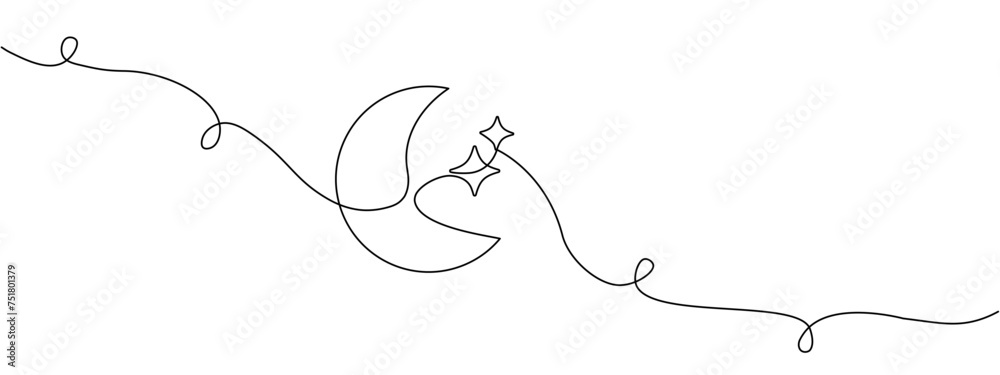 Line drawing of moon icon with stars in retro style. Night sky symbol, continuous editable single line . Vector illustration. - obrazy, fototapety, plakaty 