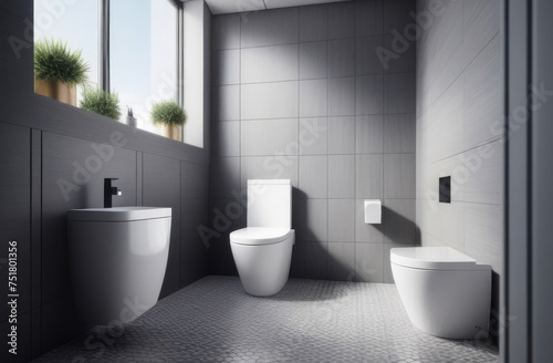 Interior of modern bathroom with gray and white walls  tiled floor   white  toilet.