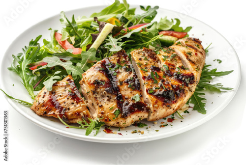 Grilled chicken fillet with salad on a white plate, white background in a restaurant
