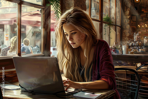 woman working at a laptop while sitting in a cafe. remote work concept. freelancing © MK studio