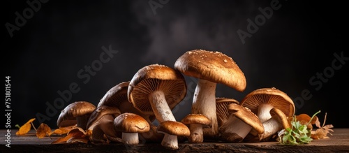 A close-up view of autumn boletus mushrooms arranged neatly on a dark wooden table surface. The mushrooms appear fresh and ready for culinary use.