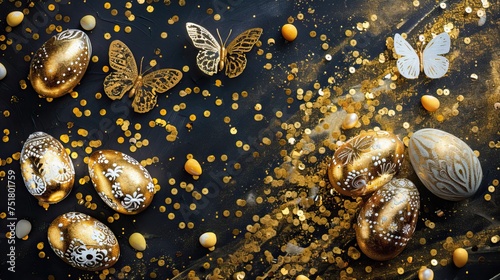 Golden Easter eggs and decorative butterflies scattered on a dark, festive background with golden splatters