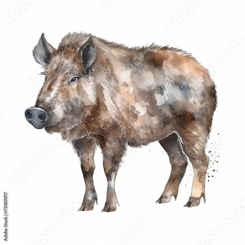 Wild boar or pig. Watercolor Brown Boar forest animal.