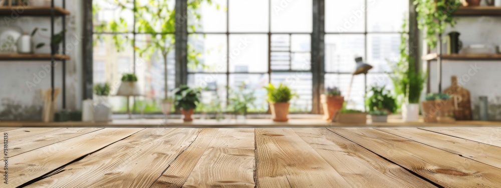 Fototapeta premium Countertop blurry window desk blur design banner counter blur gre background clean panoramic blank Wood blurred background table bright food banner display abstract empty kitchen top board desktop