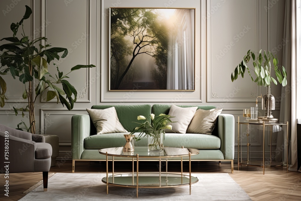 Vintage Glass Panel Scandinavian Interior: Green Sofa and Art Deco Touches