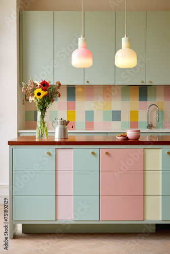 Soft, pastel-colored cabinets juxtaposed with a vibrant, mosaic-tiled kitchen island in a modern kitchen.