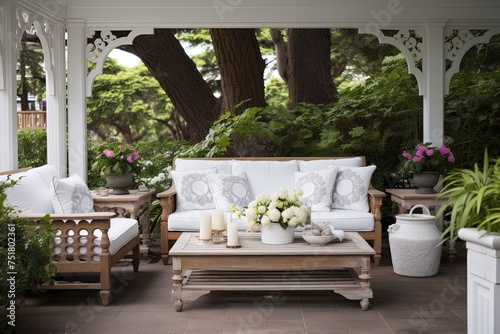 Scandinavian Porch: Ornate Garden Benches, White Sofa & Wood Coffee Table Oasis © Michael