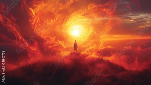 Sunrise Serenity: Against the backdrop of a vibrant sunrise, the silhouette of a person stands on a hilltop with arms outstretched, surrounded by swirling energy fields