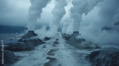 Steam rises from the earth's surface as geothermal power stations harness the planet's natural heat to generate clean, sustainable energy, offering a glimpse into the potential of geothermal energy