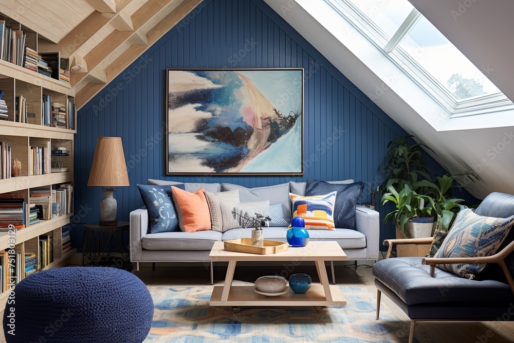 Fototapeta premium Nautical Elegance: Seaside-Inspired Loft with Geometric Marine Decor and Wallpaper Designs