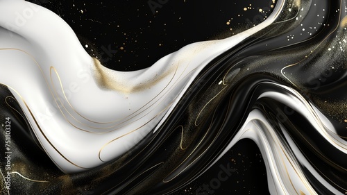 Elegant Black and White Fluid Art with Golden Accents, Abstract Luxury Background Concept