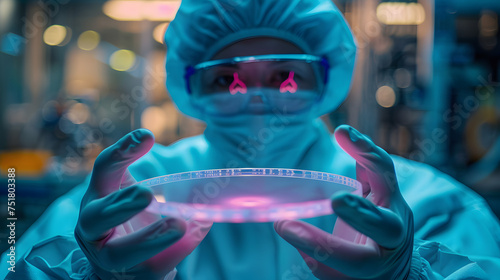 Lab technician holds semiconductor silicone wafer in hands inside semiconductor fabrication plant.