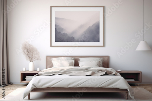 Tranquil minimalism in a bedroom, an empty frame serving as a focal point against a backdrop of soothing, muted tones. © SAIMA