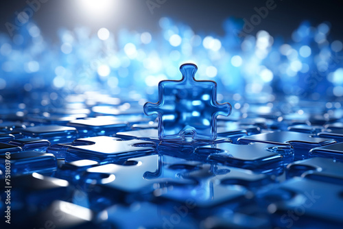 Autism symbol. Jigsaw puzzle detail made of blue transparent glass. Blue background. Autism awareness concept.