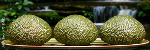 Achacha, with a green peel and juicy pulp, against the background of tropical rain forests and ca