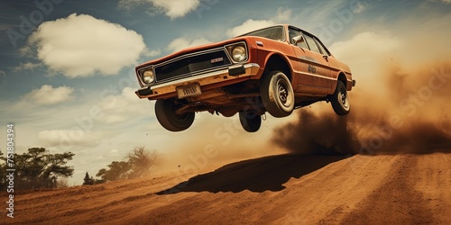 Seventies style car stunt or car jump. A normal sedan-type stock car, in mid air during a car jump with a dirt trail. © Svitlana