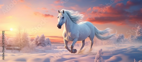 A white horse is running through the snow-covered landscape, its mane flowing behind it like wisps of a sunset painting in the sky.