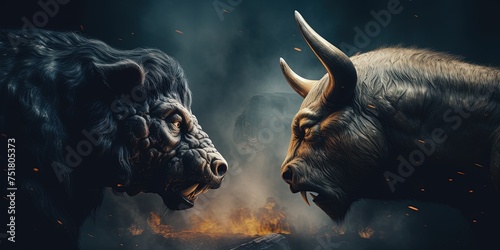 Bull and bear market face off concept photo
