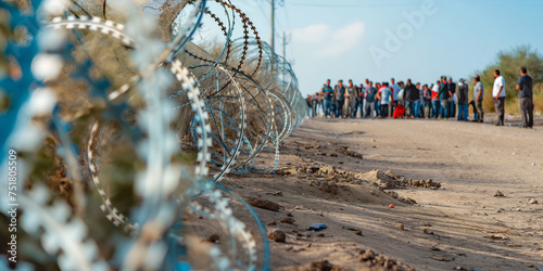 A crowd of illegal immigrants stand along the border with barbed wire. concept of crossing the border, asylum, immigration, borderline demarcation, generative AI. photo