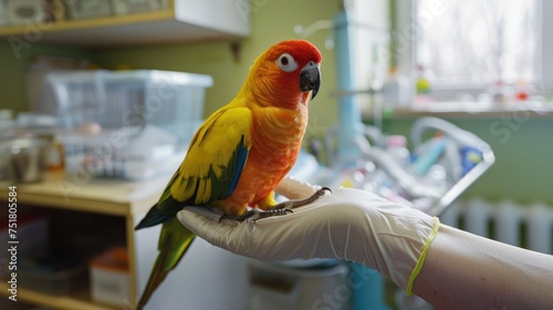 *Short Description:** A colorful parrot perched on a gloved hand