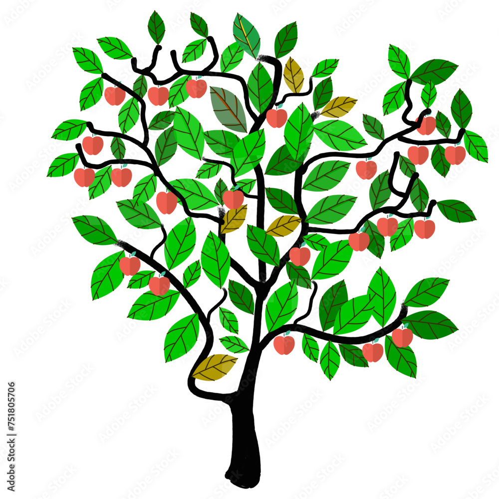 Summer Apple Tree with Ripe Red Apples in Impressive Vector Graphic
