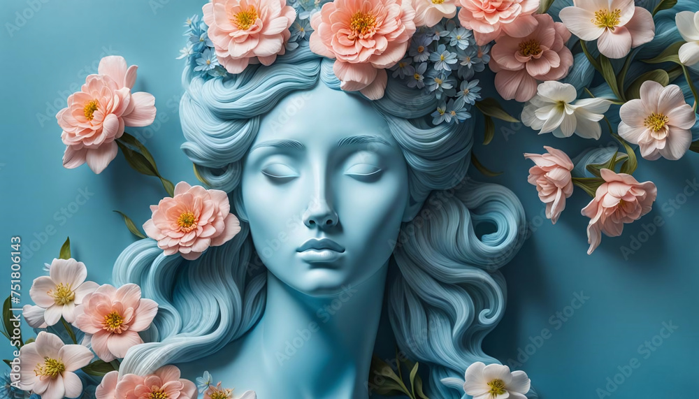 Statue de femme antique avec des fleurs dans un décor romantique, esprit en méditation, journée de la femme  - IA générative
