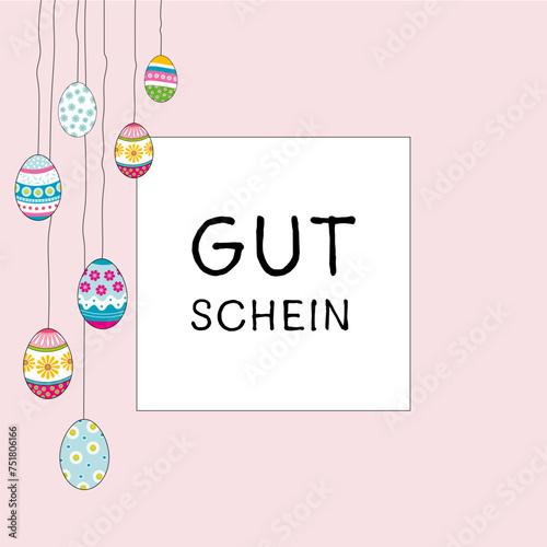 Gutschein - Schriftzug in deutscher Sprache. Quadratische Gutscheinkarte mit hängenden Ostereiern auf einem rosafarbenen Rahmen.