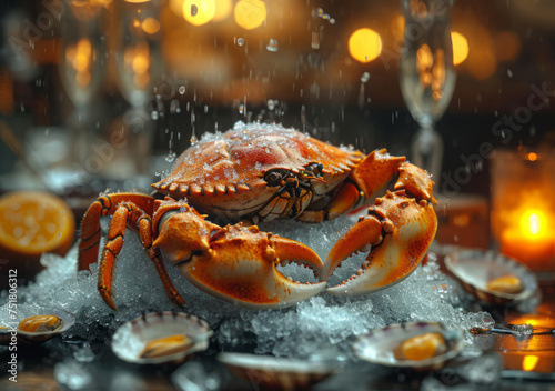 Fresh crab and oysters with glass of white wine on ice