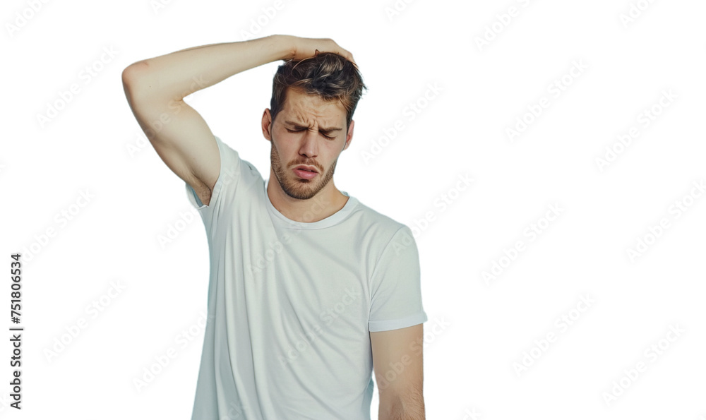 A portrait of the young unwell man with fever and flu touching head. A portrait of the young unwell man with fever and flu touching head.