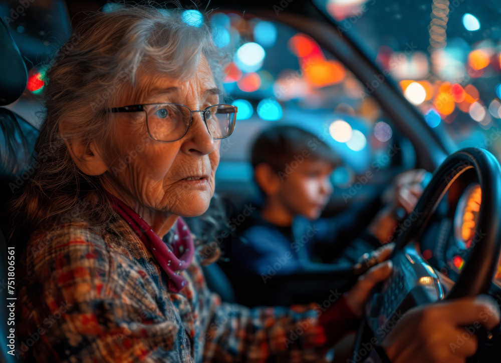 Obraz premium Grandmother and grandson driving in the car at night