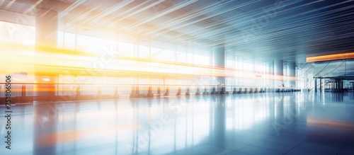 An empty airport terminal with rows of seats  dark floors  and a bright light flooding through the large windows in the background.