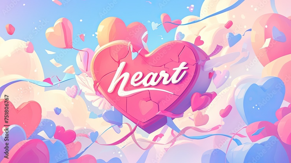 A vibrant, love-themed illustration featuring a central heart with the word 