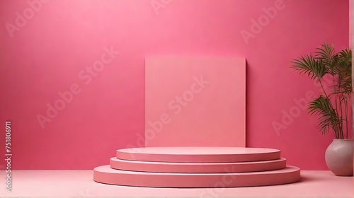 Bright pink background for product presentation. Empty podiums. Layout for advertising and demonstration of cream, shampoo, toothpaste. © екатерина лагунова